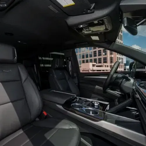 Cadillac Escalade front cabin with black leather seats