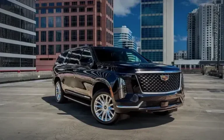 Black Cadillac Escalade ESV, three-quarter front view